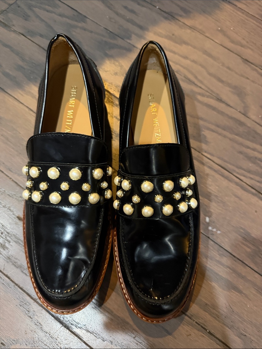 Stuart Weitzman Black Patent Leather Pearl Chunky Platform Loafer Size US 9,5